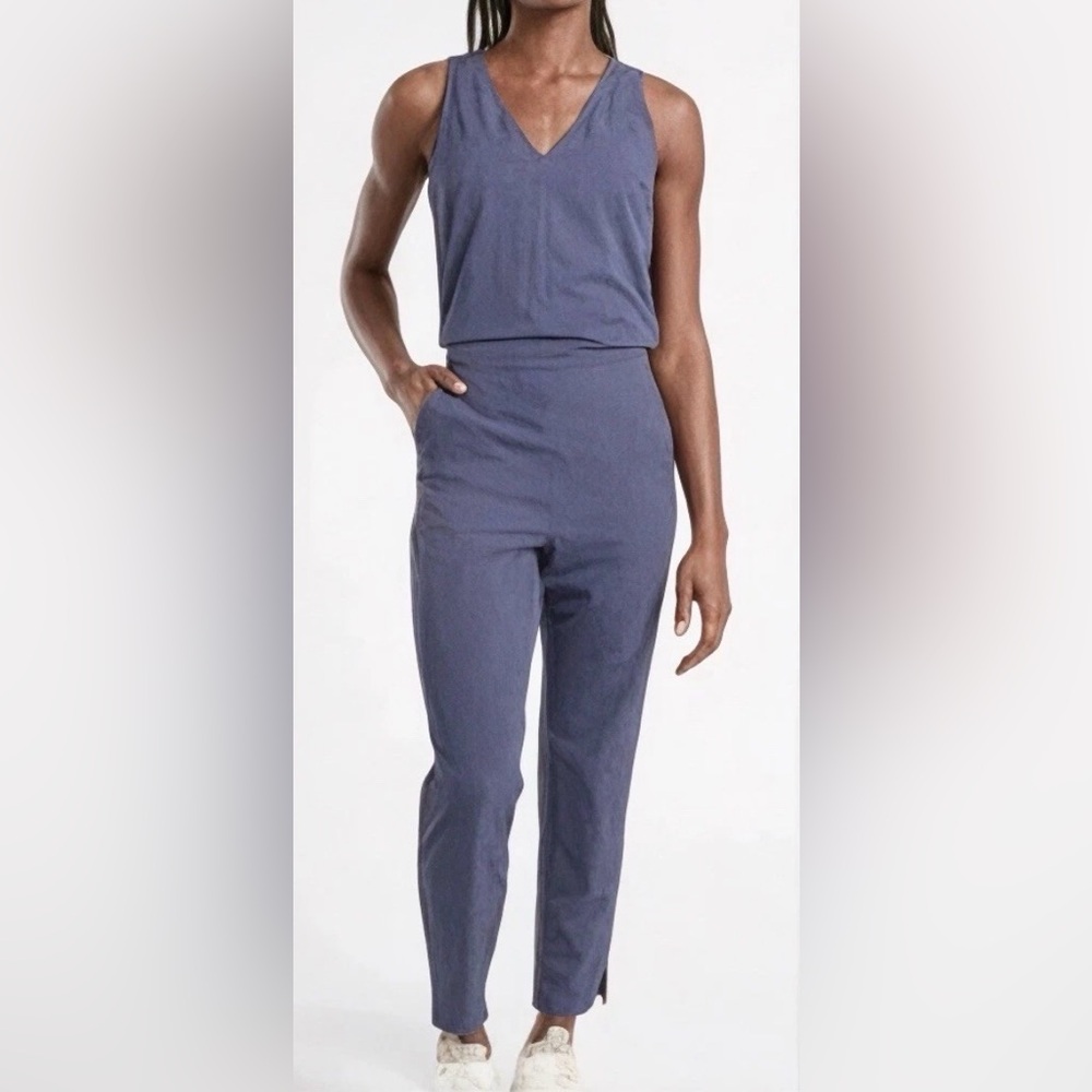 Athleta Brooklyn Textured Jumpsuit Sz 14 Medieval Blue Purple Athleisure Leopard